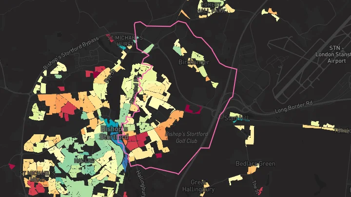 House price heatmap showing property values across Bishops Stortford