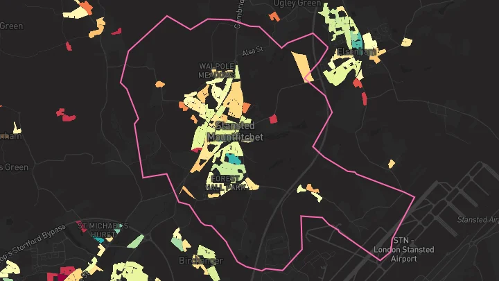 House price heatmap showing property values across Stansted
