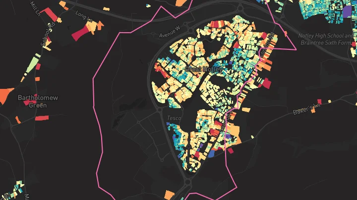 House price heatmap showing property values across Great Notley