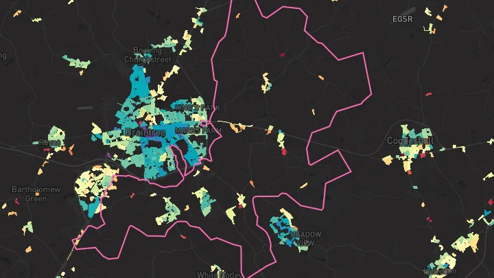 House price heatmap showing property values across Black Notley