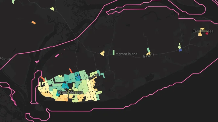 House price heatmap showing property values across West Mersea