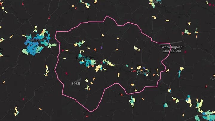House price heatmap showing property values across Earls Colne