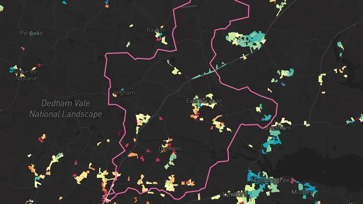 House price heatmap showing property values across East Bergholt