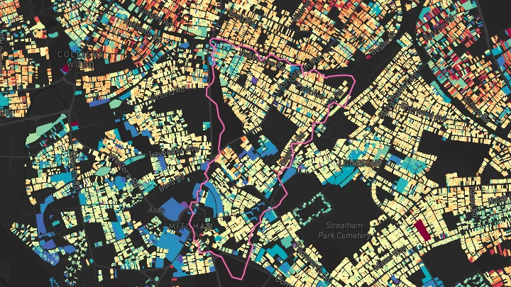 House price heatmap showing property values across Mitcham Eastfields