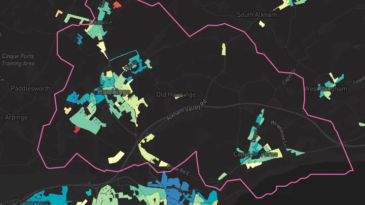 House price heatmap showing property values across Hawkinge