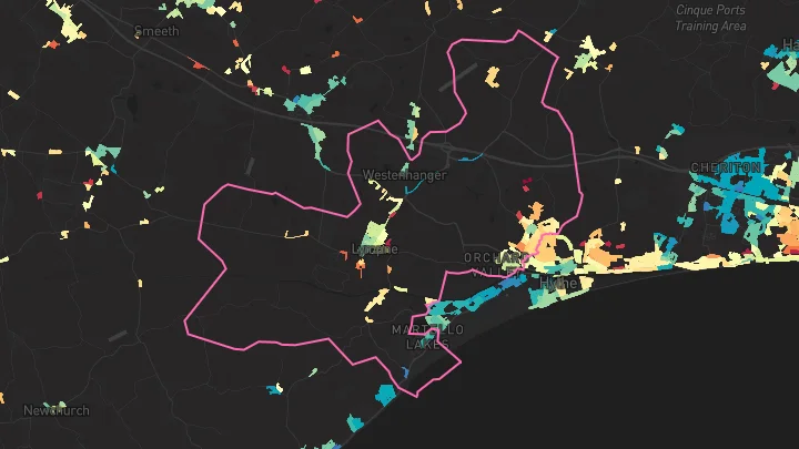 House price heatmap showing property values across Lympne