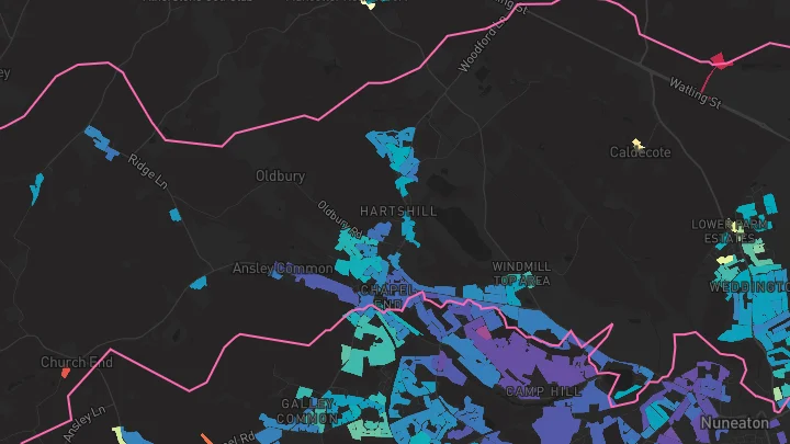 House price heatmap showing property values across Nuneaton