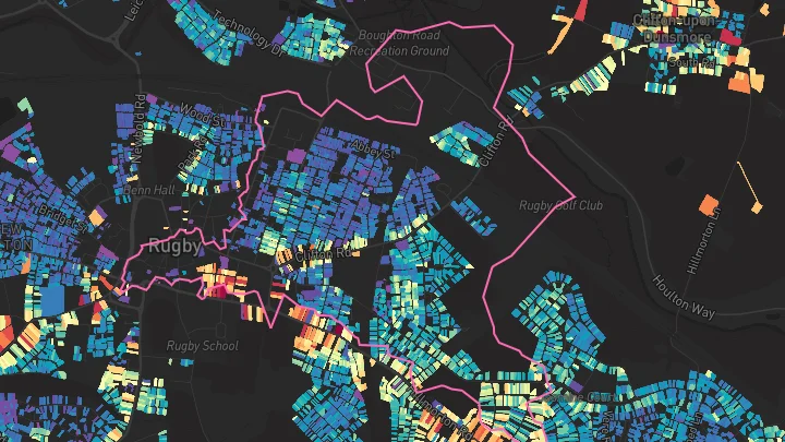 House price heatmap showing property values across Rugby