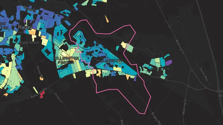 House price heatmap showing property values across Rugby