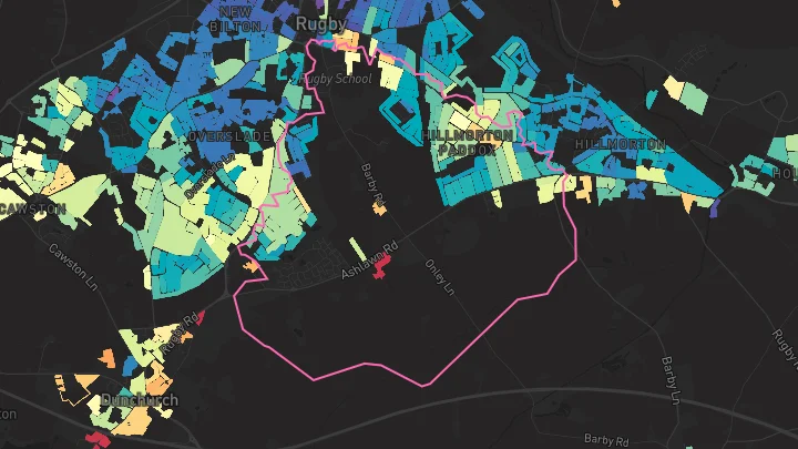 House price heatmap showing property values across Rugby