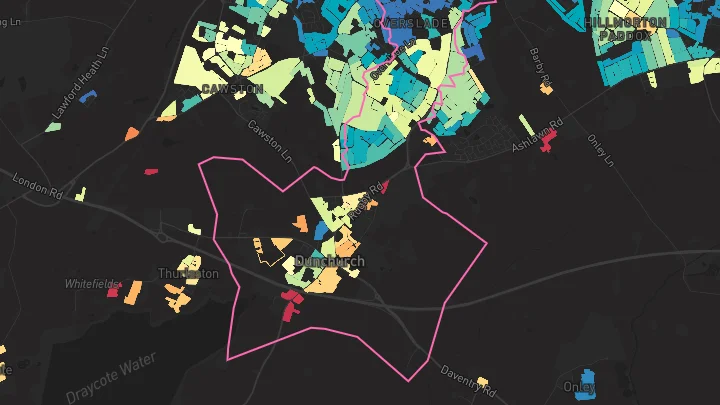 House price heatmap showing property values across Rugby