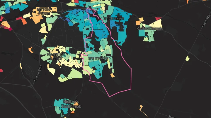 House price heatmap showing property values across Whitnash