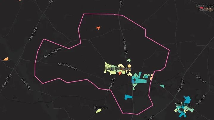 House price heatmap showing property values across Long Itchington