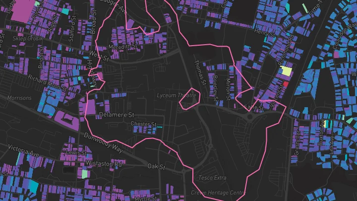 House price heatmap showing property values across Crewe
