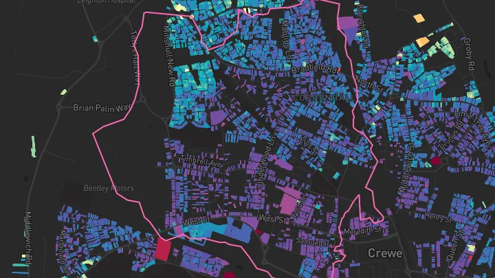 House price heatmap showing property values across Crewe