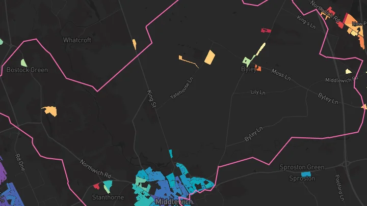 House price heatmap showing property values across Middlewich