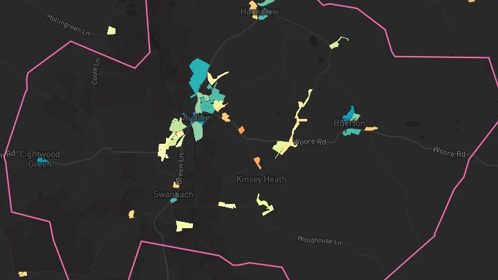 House price heatmap showing property values across Audlem