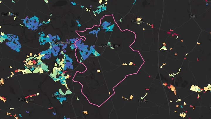 House price heatmap showing property values across Rudheath