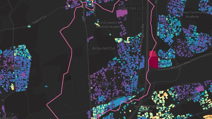 House price heatmap showing property values across Birtley