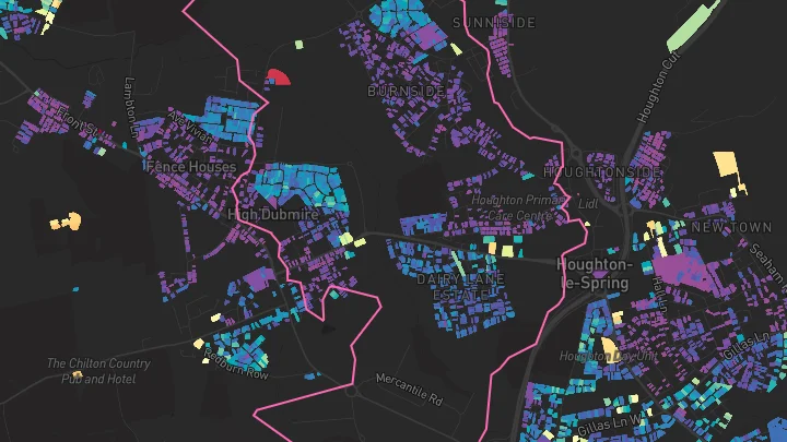 House price heatmap showing property values across Houghton Le Spring
