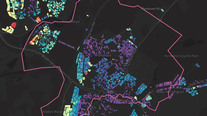 House price heatmap showing property values across Penshaw