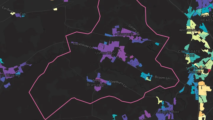 House price heatmap showing property values across Ushaw Moor