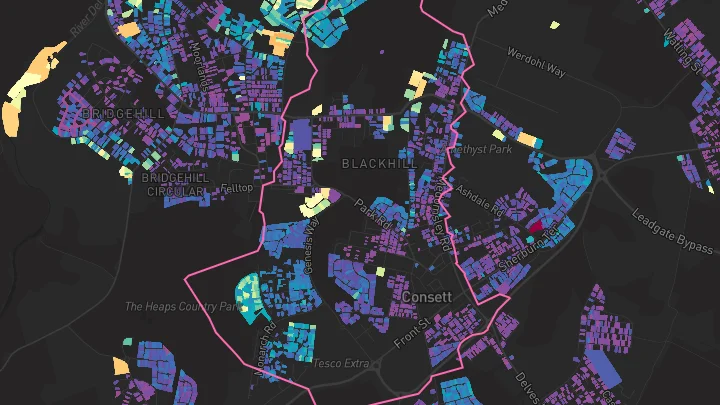 House price heatmap showing property values across Consett