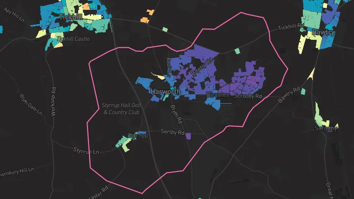House price heatmap showing property values across Harworth