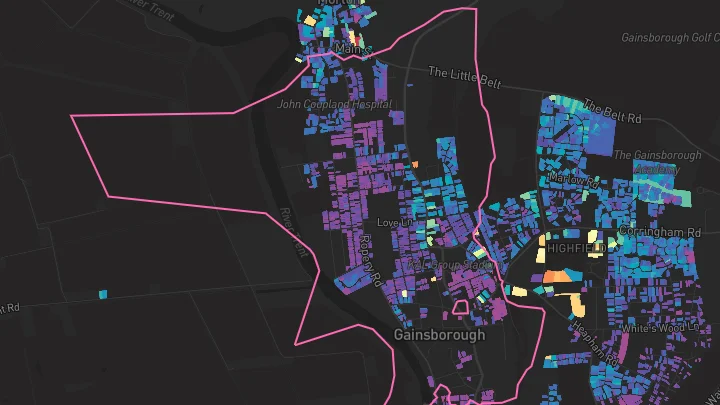 House price heatmap showing property values across Gainsborough