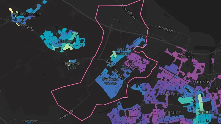 House price heatmap showing property values across Grimsby