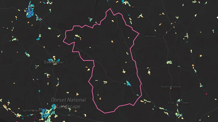 House price heatmap showing property values across Maiden Newton