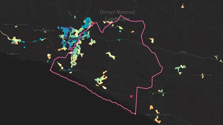 House price heatmap showing property values across Bridport