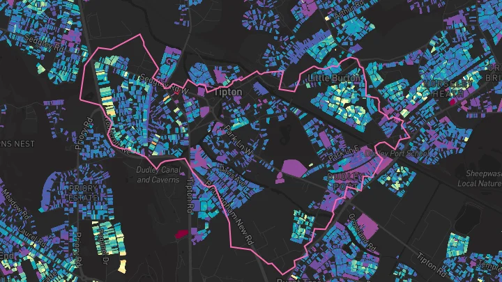 House price heatmap showing property values across Tipton