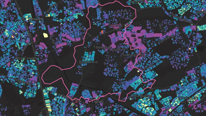House price heatmap showing property values across Tipton