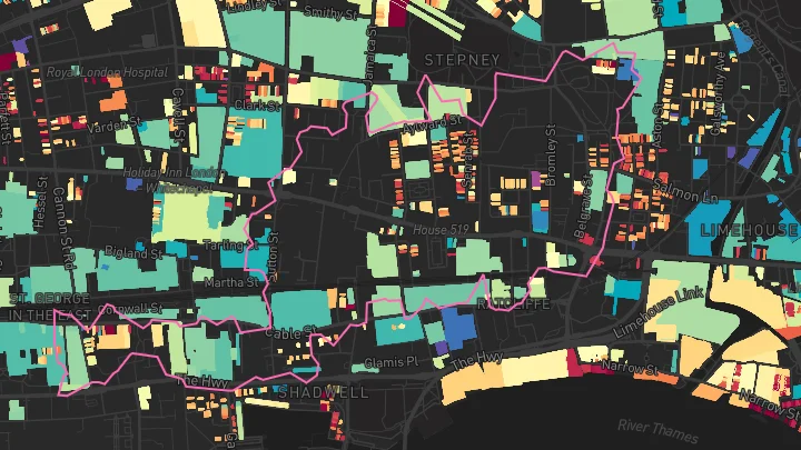 House price heatmap showing property values across Shadwell