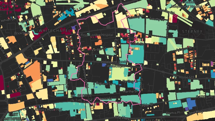 House price heatmap showing property values across Whitechapel
