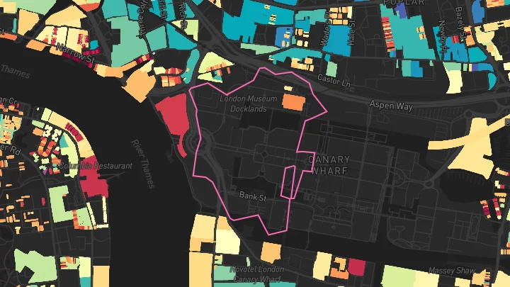 House price heatmap showing property values across Heron Quays