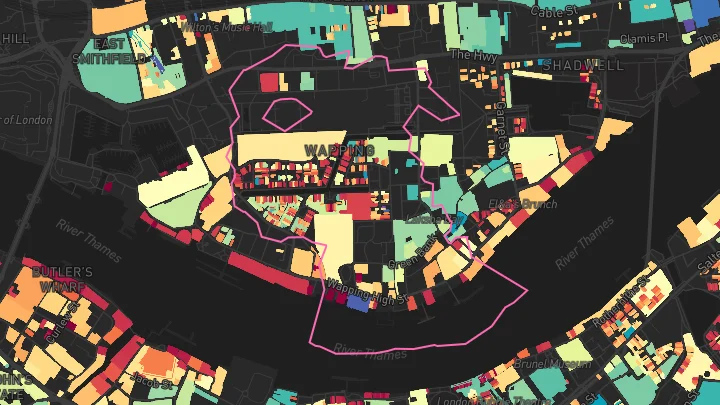 House price heatmap showing property values across Wapping