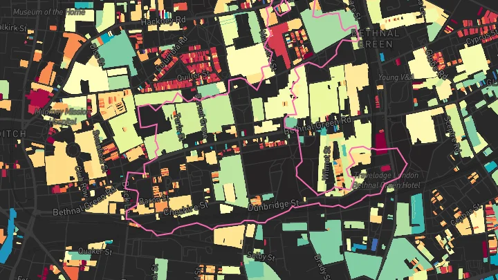 House price heatmap showing property values across Bethnal Green Rail
