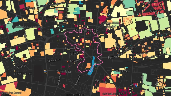 House price heatmap showing property values across Shoreditch High Street