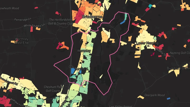 House price heatmap showing property values across Broxbourne