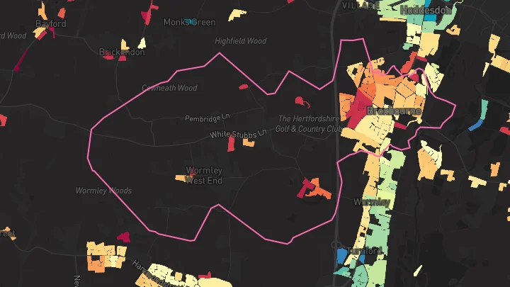 House price heatmap showing property values across Broxbourne