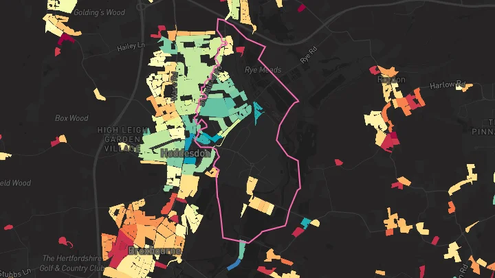 House price heatmap showing property values across Hoddesdon