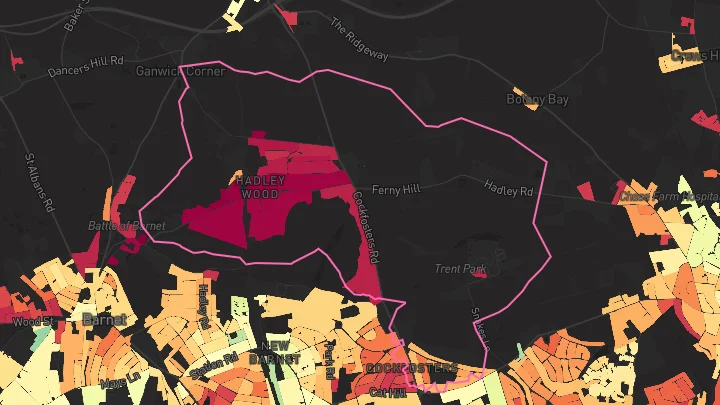 House price heatmap showing property values across Hadley Wood