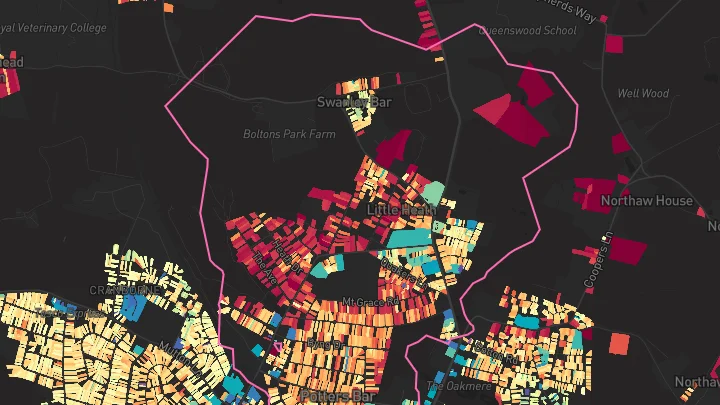 House price heatmap showing property values across Hadley Wood