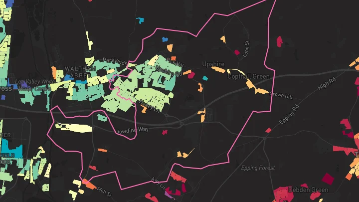 House price heatmap showing property values across Waltham Abbey