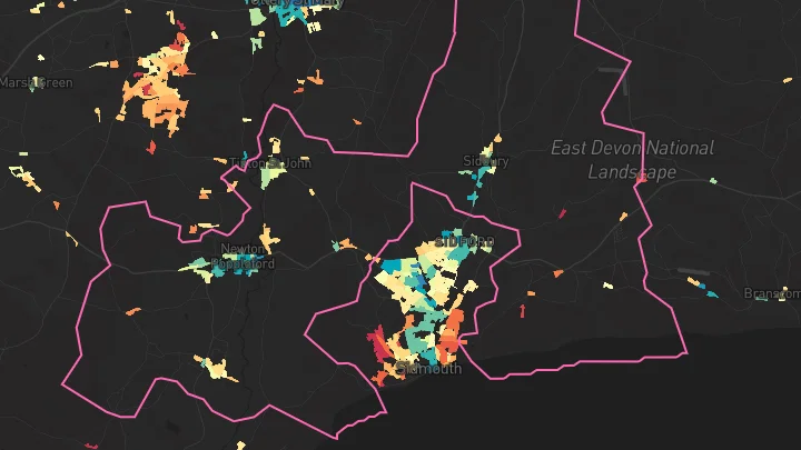 House price heatmap showing property values across Newton Poppleford