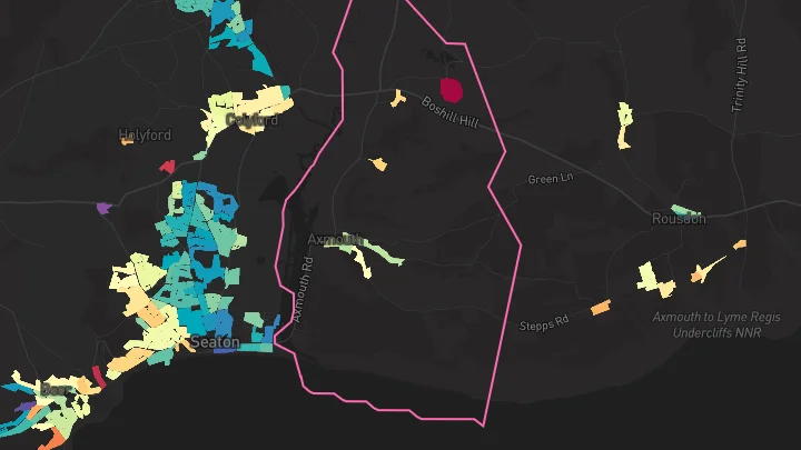 House price heatmap showing property values across Axmouth