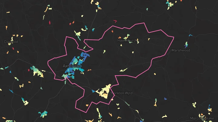 House price heatmap showing property values across Axminster
