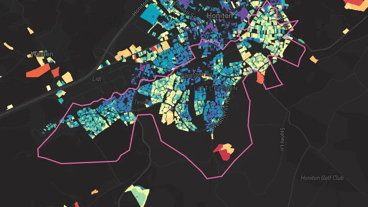 House price heatmap showing property values across Honiton